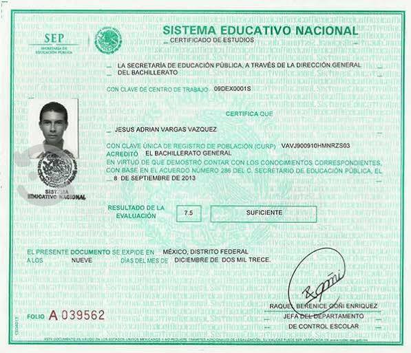 Certificado de bachillerato SEP